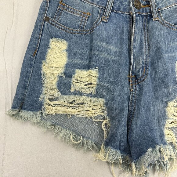 Machine Distressed Denim High-Waisted Shorts Medium Frayed Hem Casual Style - Picture 6 of 9